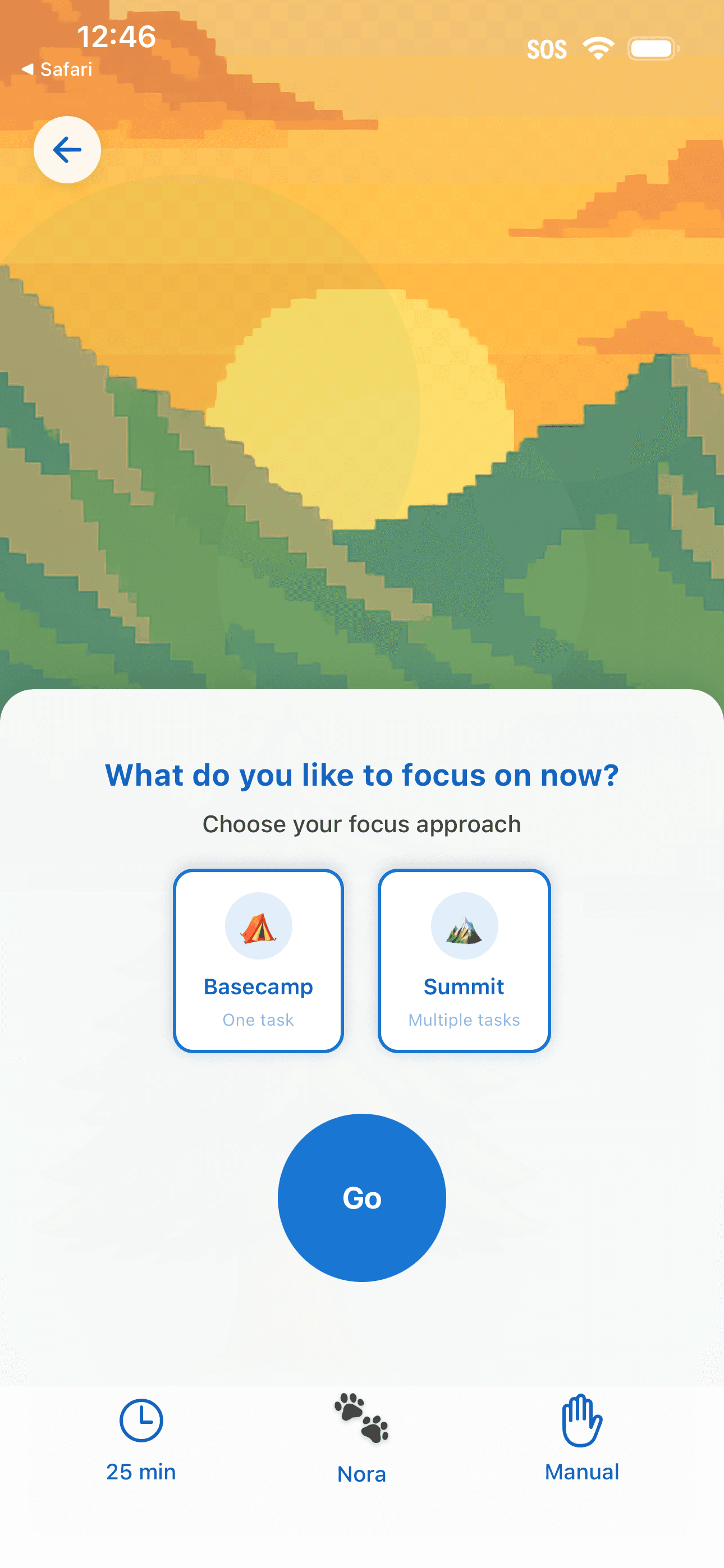 HikeWise Focus Sessions screen